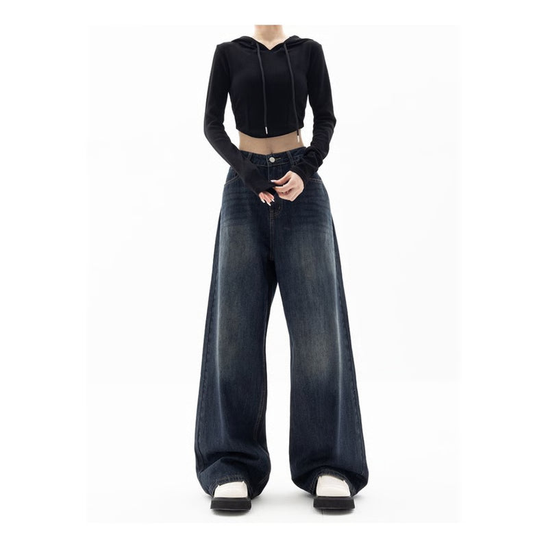 Retro Street Style Pants, High Waisted Wide Leg, Loose Fit Floor Length, Niche Design Slimming Jeans For Women