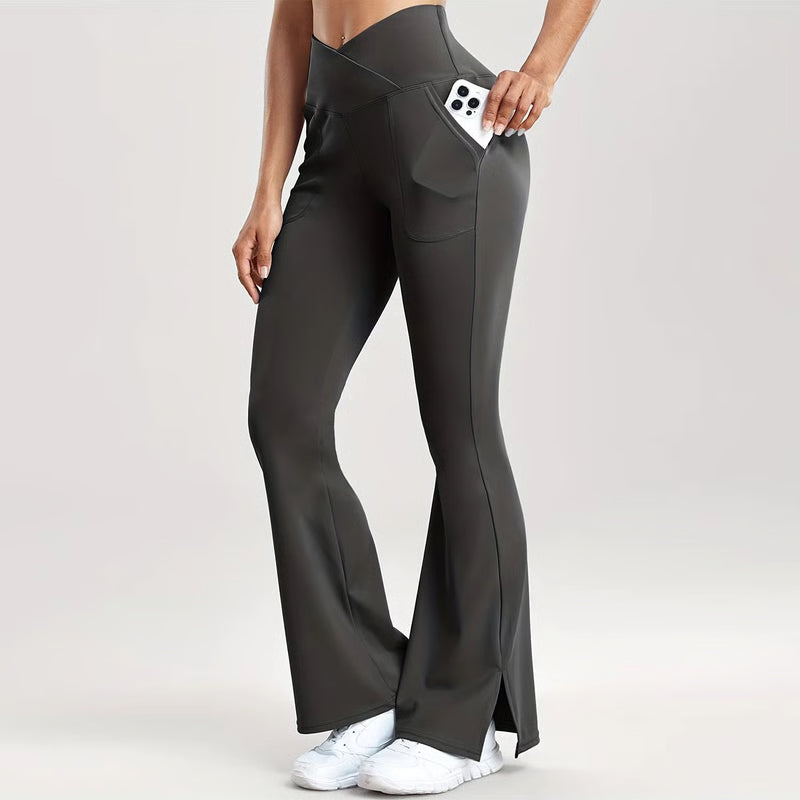 Women's V-Waist Flared Leggings – Slim Fit Streetwear Pants with Side Pockets