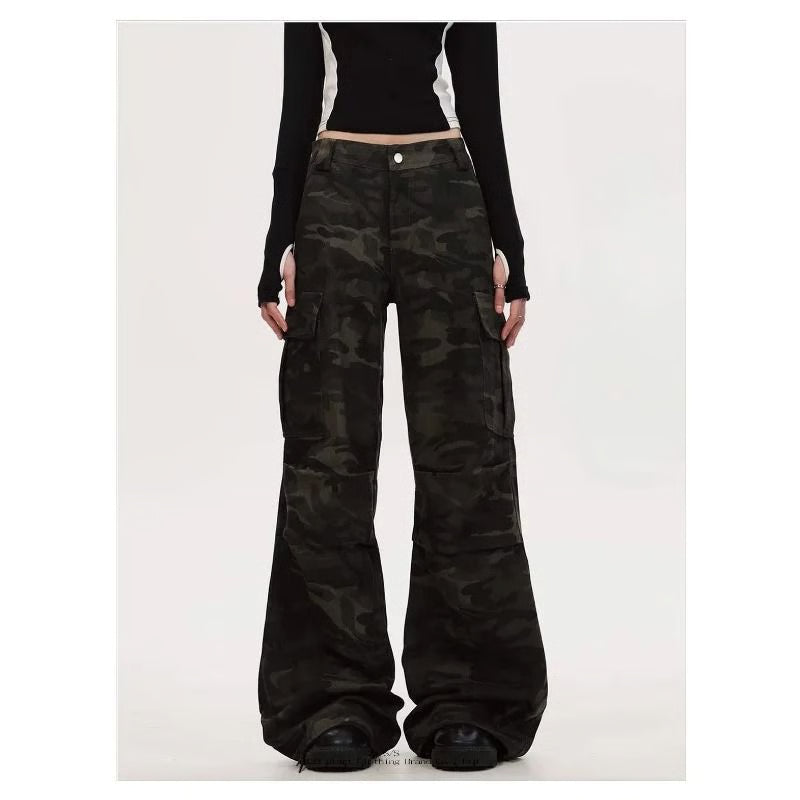 Womens Wide Leg Cargo Jeans Casual High Waist Cargo Pants Multi Pocket Relaxed Fit Denim Trousers