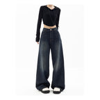 Retro Street Style Pants, High Waisted Wide Leg, Loose Fit Floor Length, Niche Design Slimming Jeans For Women