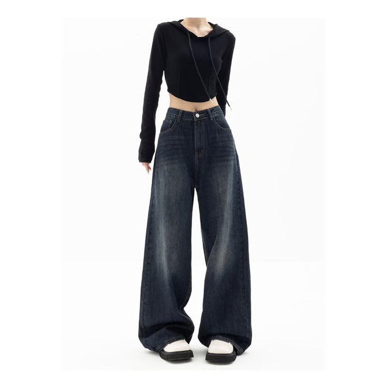Retro Street Style Pants, High Waisted Wide Leg, Loose Fit Floor Length, Niche Design Slimming Jeans For Women