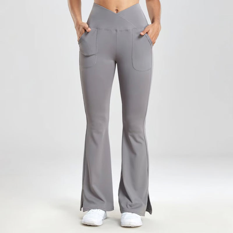 Women's V-Waist Flared Leggings – Slim Fit Streetwear Pants with Side Pockets