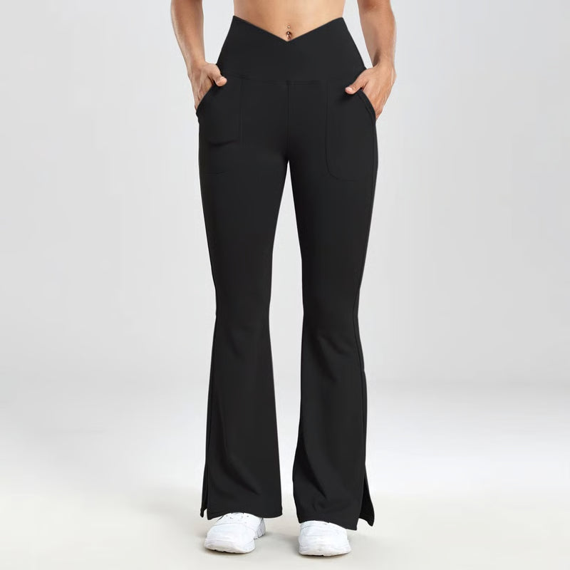 Women's V-Waist Flared Leggings – Slim Fit Streetwear Pants with Side Pockets