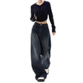 Retro Street Style Pants, High Waisted Wide Leg, Loose Fit Floor Length, Niche Design Slimming Jeans For Women