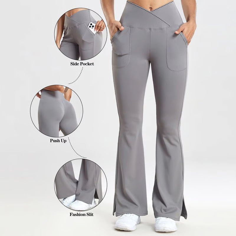 Women's V-Waist Flared Leggings – Slim Fit Streetwear Pants with Side Pockets