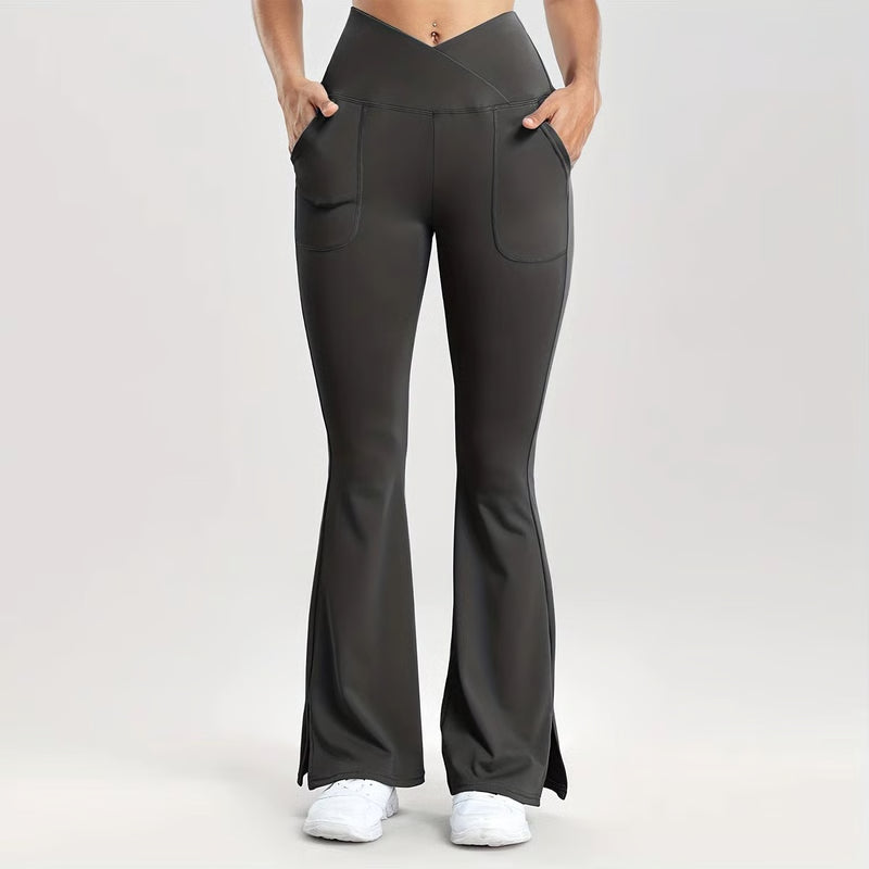 Women's V-Waist Flared Leggings – Slim Fit Streetwear Pants with Side Pockets