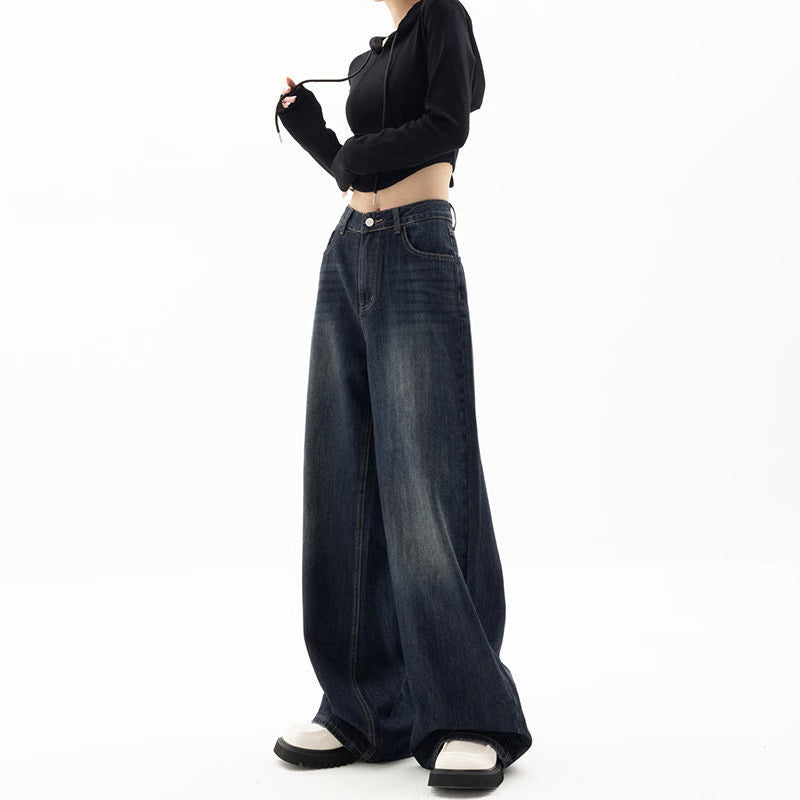 Retro Street Style Pants, High Waisted Wide Leg, Loose Fit Floor Length, Niche Design Slimming Jeans For Women